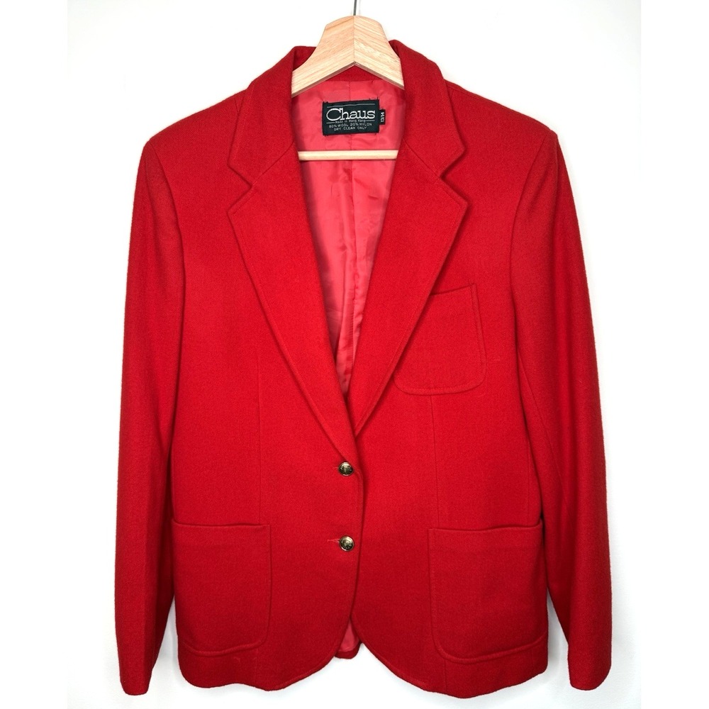Vintage Chaus Wool Blazer 13/14 Women Red Gold Buttons Crest Preppy Academia Old